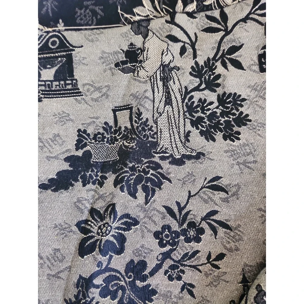 2+yds/Black Tan Chinoiserie Upholstery Damask Fabric Asian Pagodas Tea Service